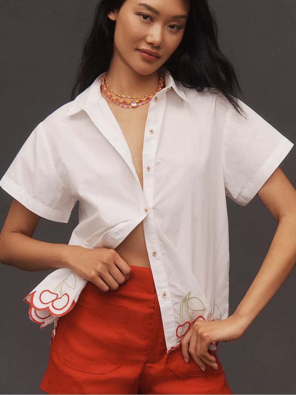 Anthropologie The Henrietta Buttondown Surf Shirt by Maeve: Cherry Edition SZ S